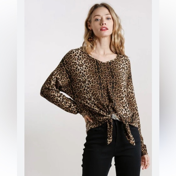 Umgee Tops - Umgee Violet Skye Leopard Tie Front Sweater Blouse